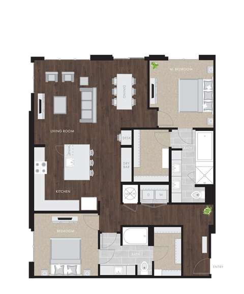 Floor plan for 2 beds, 2 baths, 1543 sqft